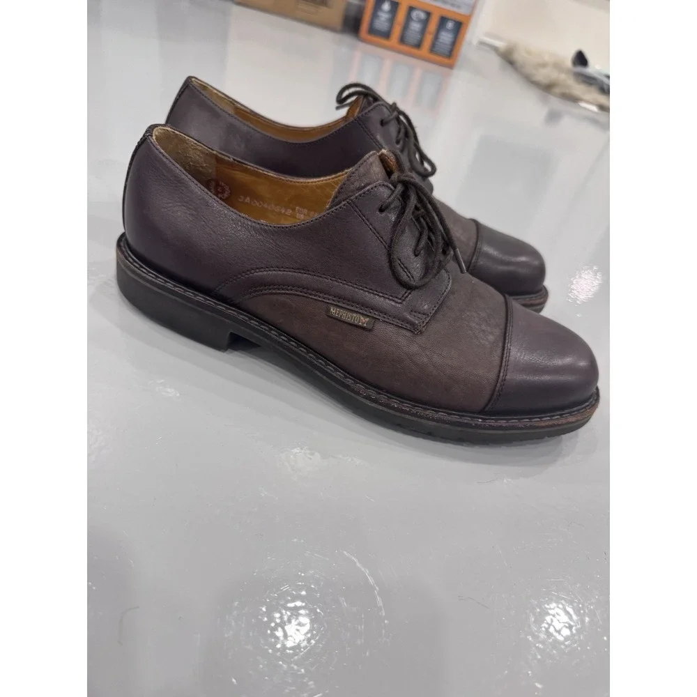 MEPHISTO Men's Brown Leather Cap Toe Lace-Up Derby Dress Shoes Round Toe